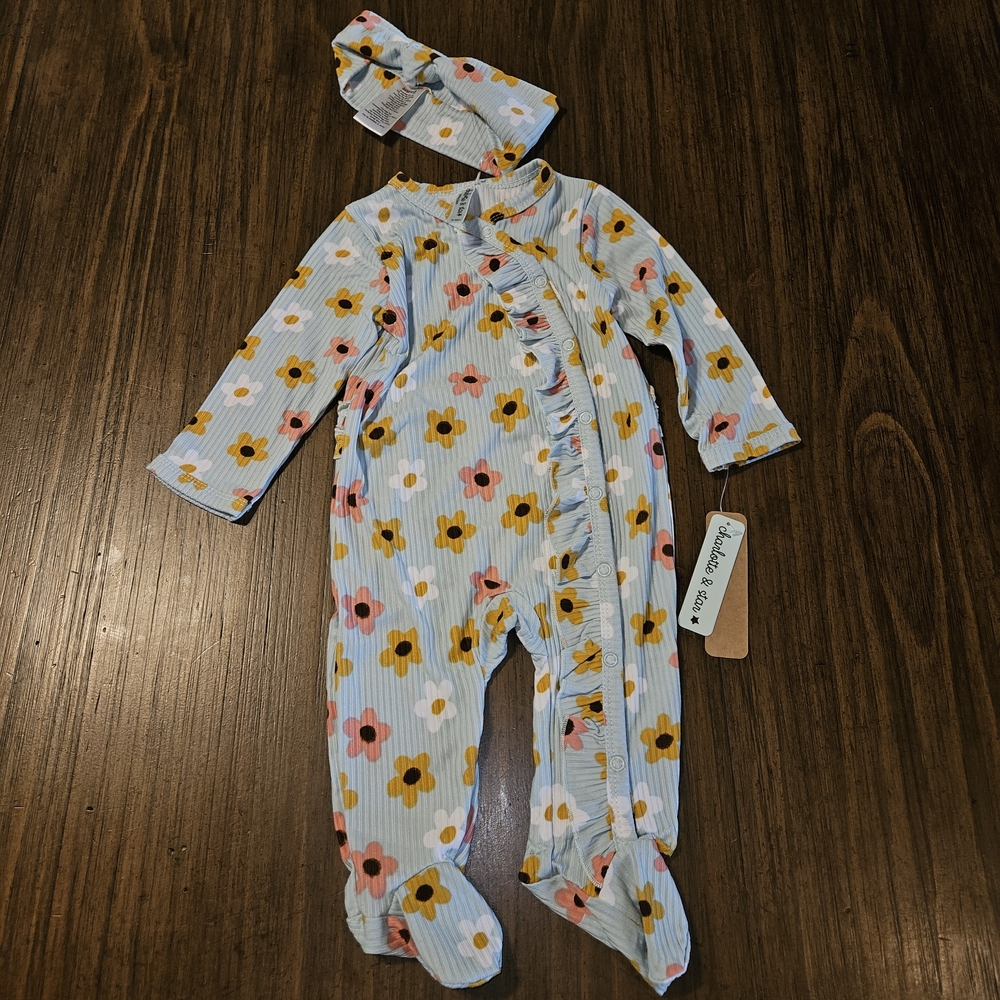 Cloud Island Blue Striped Footie with Floral Design